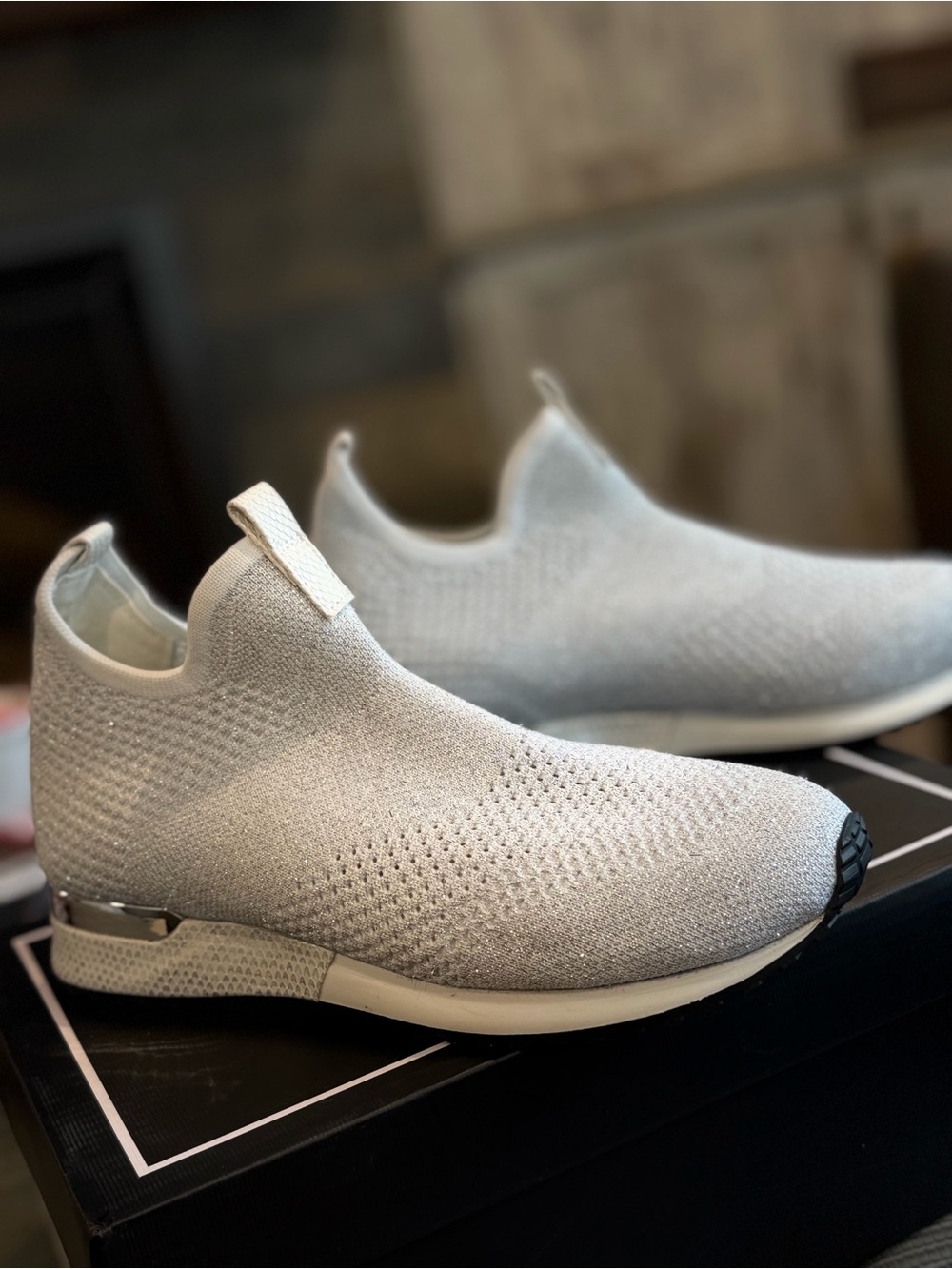 Urban Sport J/SLIDES Women’s Slip-On Knit Sneakers in White with Silver Sparkle